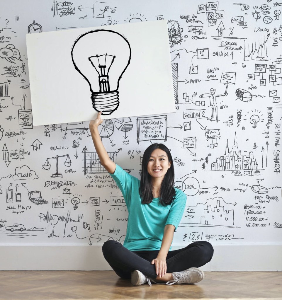 Photo of a person holding up a white cardboard with a lightbulb sketch. Person sits cross legged on a wooden floor in front of a whiteboard wall full of black ink doodles. ​