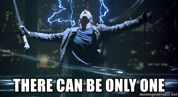 This is an image from the Highlander film. Showing the highlander during a quickening, flashes surrounding him and he holds what looks like a katana in his right hand, arms outstretched. Text overlaid says: There can be only one