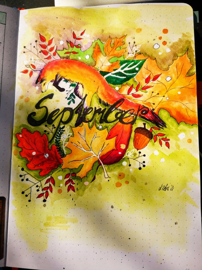 September title page for journal a watercolour of a fox jumping into autum leaves