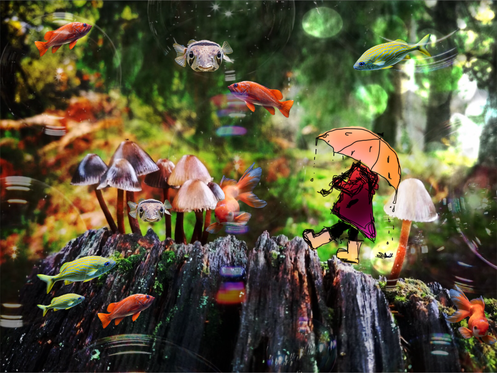 Surrealist photo-montage, the background landscape is a close up of a row of small mushrooms on a broken off tree stump, a doodle figure wearing a rain coat and umbrella is walking along the jagged edges of the tree stump, photos of colours fishes are floating in the air. The whole image is overlayed with bubbles. It’s all in strong colours, lush greens, the fishes are tropical and the doodle figure is in bright red orange tones