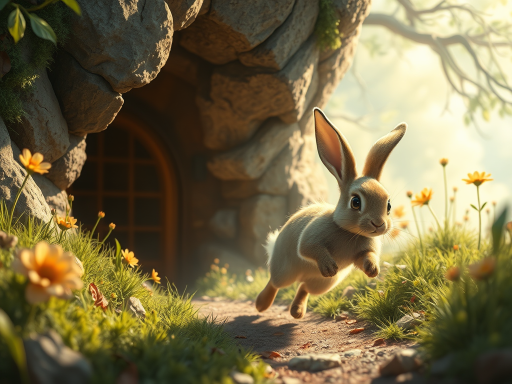 bunny hoping along a path as if to jump out of the screen a door which sits in the bottom of a tree trunk behind the bunny grass and flowers left and right low late afternoon sun shines through blurred trees in the background digital art style AI generated