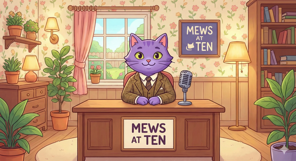 this is a purple cat mews anchor, sitting in their cottage home studio being dressed all dapper with a three piece suit and tie. 