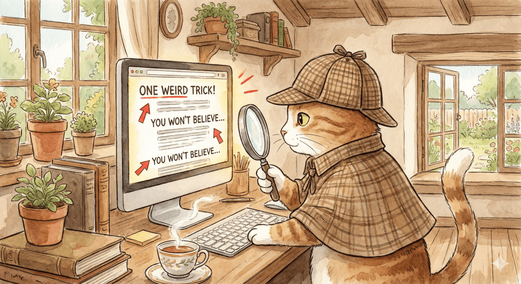 A tabby cat in full blown Sherlock Holmes outfit, including deer stalker hat and Victorian coat, is working at a desk in a cottage, surrounded by books, plants and a steaming up of tea. The cat looks through a magnifying glass at a computer screen. 