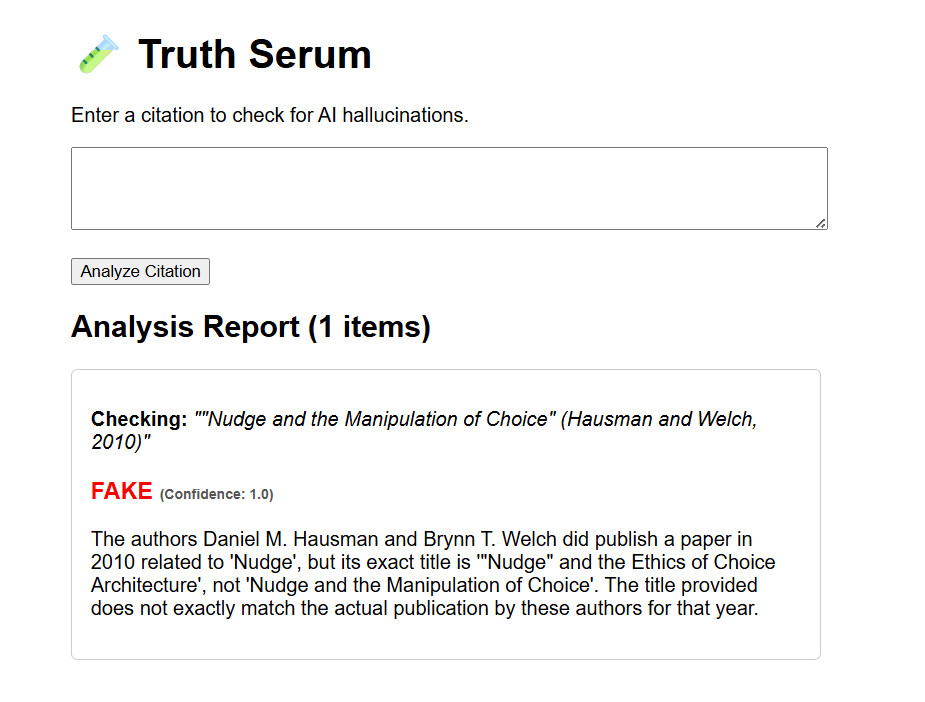screenshot of analysis report saying this source is fake and explains that the article is a mesh of real and hallucinated